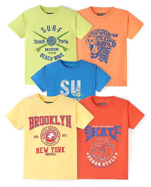 Pine Kids Cotton Knit Half Sleeves  T-Shirts Text Print Pack of 5 - Multicolour