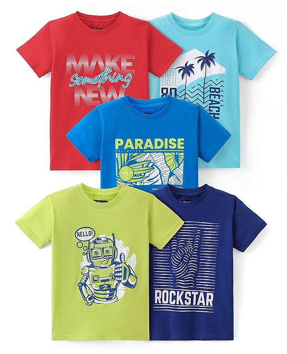 Pine Kids Cotton Half Sleeves T-Shirts Beach & Robot Print Pack of 5 - Multicolor