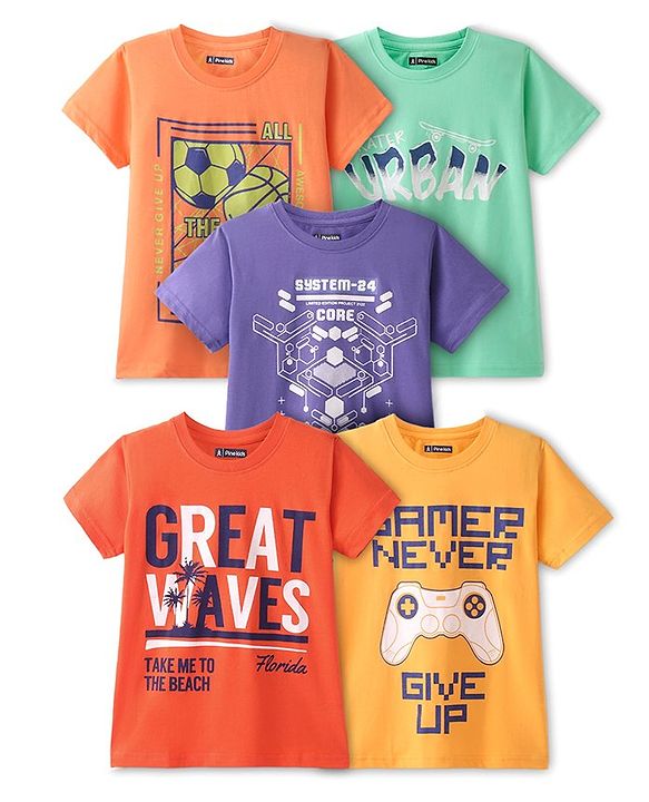 Pine Kids Cotton Knit Half Sleeves Balls & Text Printed T-Shirts Pack of 5- Multicolour