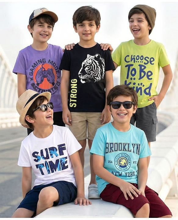 Pine Kids Cotton Knit Half Sleeves Tiger & Text Printed T-Shirts Pack of 5 - Multicolour