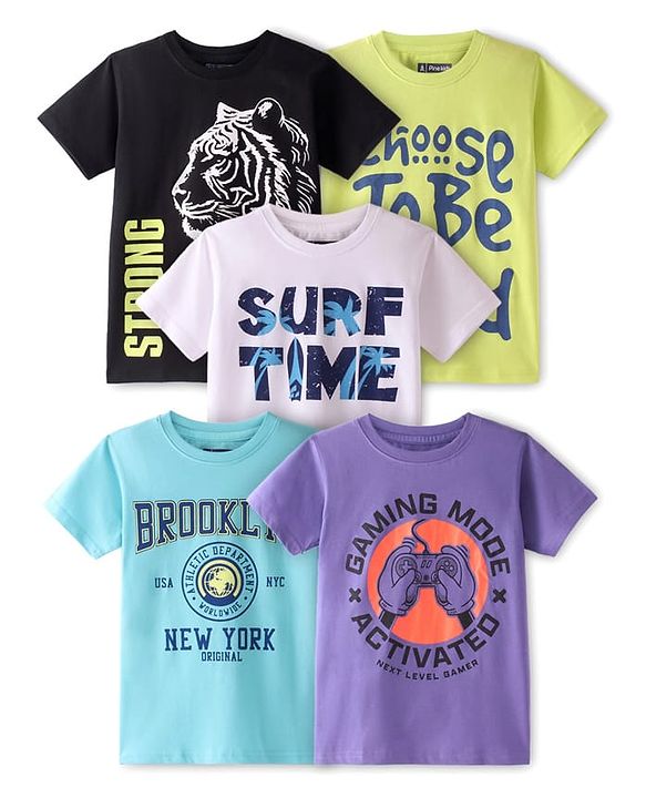 Pine Kids Cotton Knit Half Sleeves Tiger & Text Printed T-Shirts Pack of 5 - Multicolour