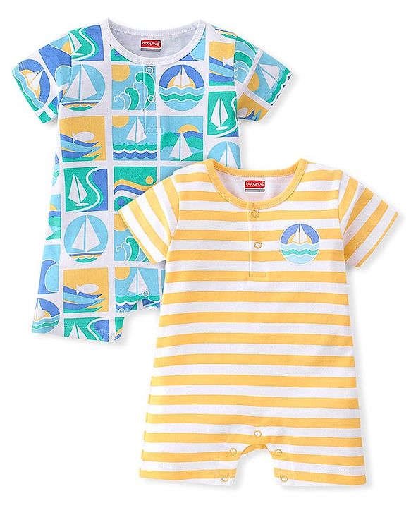 Babyhug 100% Cotton Half Sleeves Striped Romper Pack Of 2 - Multicolor