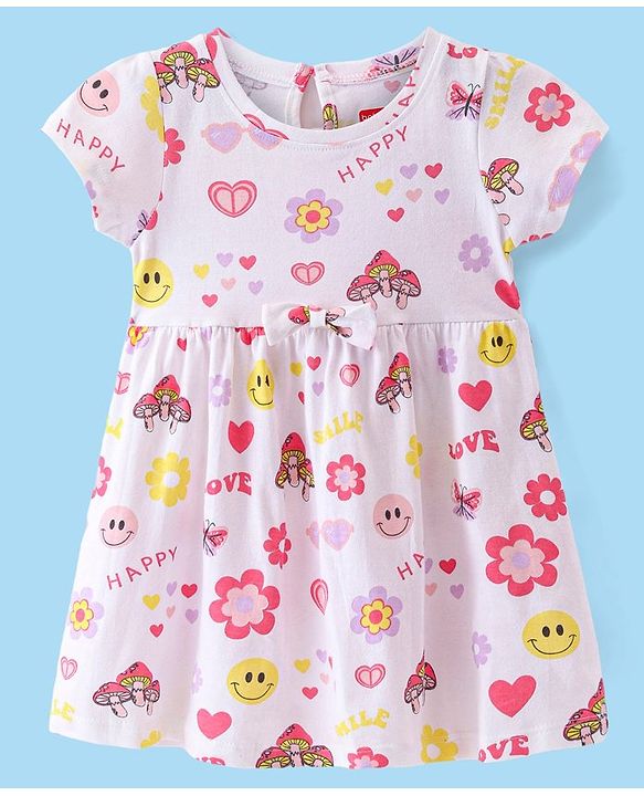 Babyhug Single Jersey Knit Half Sleeves Frock with Bloomer Floral & Heart Print - White