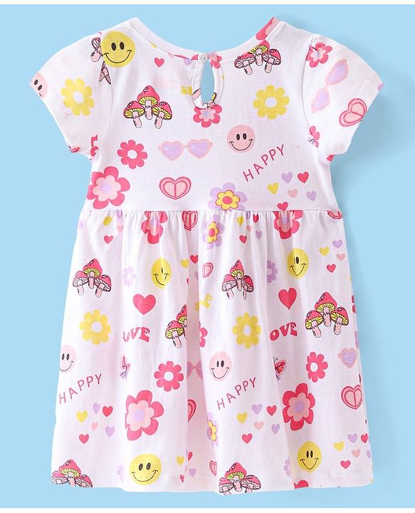 Babyhug Single Jersey Knit Half Sleeves Frock with Bloomer Floral & Heart Print - White