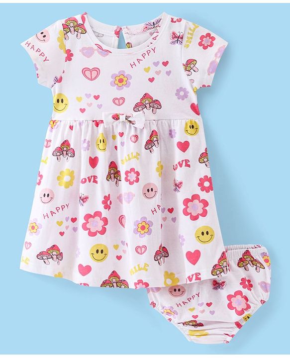 Babyhug Single Jersey Knit Half Sleeves Frock with Bloomer Floral & Heart Print - White