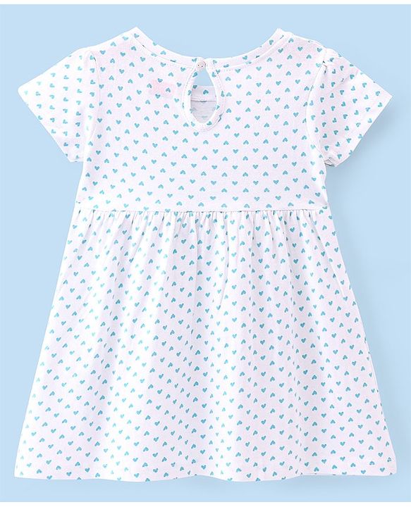 Babyhug 100% Cotton Knit Single Jersey Half Sleeves Frock With Heart Print & Bow Applique - White
