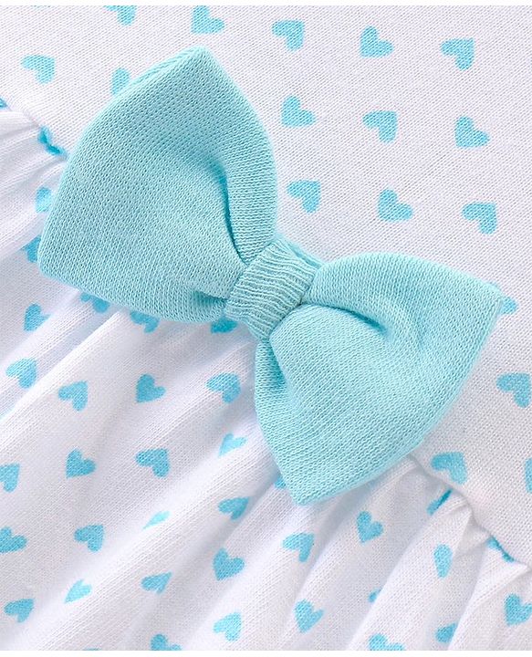 Babyhug 100% Cotton Knit Single Jersey Half Sleeves Frock With Heart Print & Bow Applique - White