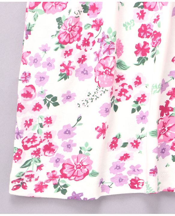 Babyhug 100% Cotton Single Jersey Knit Frill Sleeves Frock With Bow Applique Floral Print - Pink