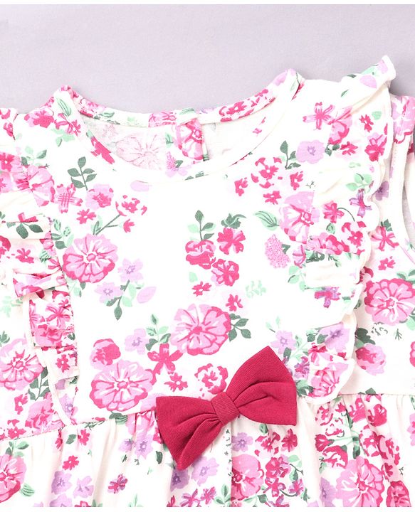 Babyhug 100% Cotton Single Jersey Knit Frill Sleeves Frock With Bow Applique Floral Print - Pink