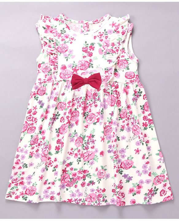Babyhug 100% Cotton Single Jersey Knit Frill Sleeves Frock With Bow Applique Floral Print - Pink