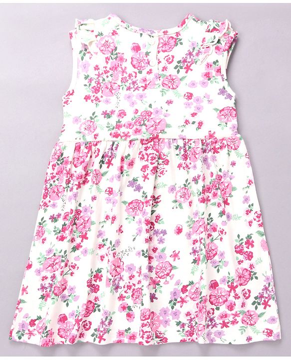 Babyhug 100% Cotton Single Jersey Knit Frill Sleeves Frock With Bow Applique Floral Print - Pink