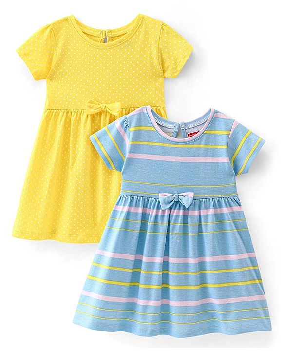 Babyhug Cotton Knit Half Sleeves Solid & Striped Frocks Pack of 2 - Yellow & Blue