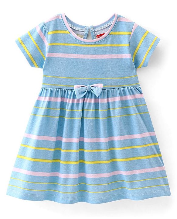 Babyhug Cotton Knit Half Sleeves Solid & Striped Frocks Pack of 2 - Yellow & Blue