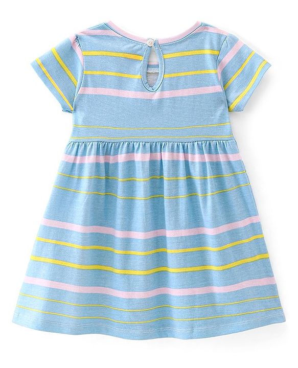 Babyhug Cotton Knit Half Sleeves Solid & Striped Frocks Pack of 2 - Yellow & Blue