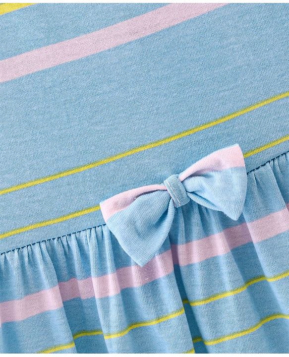 Babyhug Cotton Knit Half Sleeves Solid & Striped Frocks Pack of 2 - Yellow & Blue