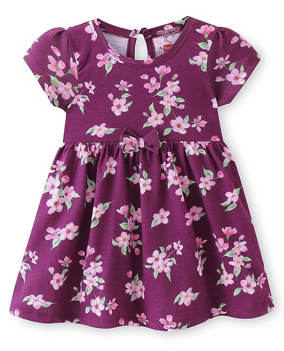 Babyhug Single Jersey Knit Half Sleeves Frock With Floral Print - Purple
