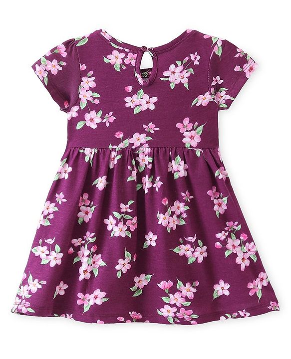 Babyhug Single Jersey Knit Half Sleeves Frock With Floral Print - Purple