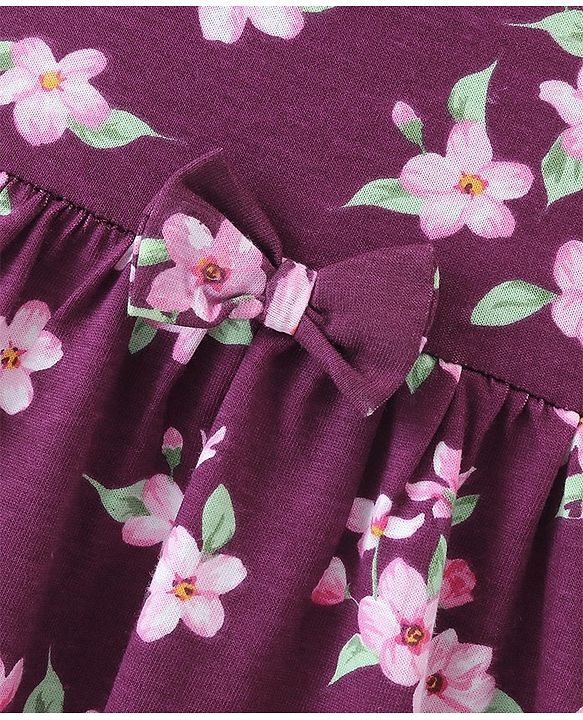 Babyhug Single Jersey Knit Half Sleeves Frock With Floral Print - Purple