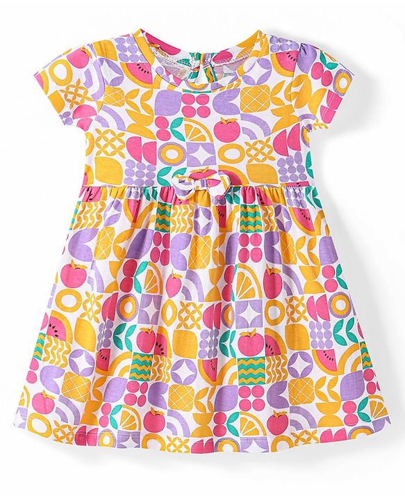 Babyhug Single Jersey Knit Half Sleeves Frock with Apple Print - White