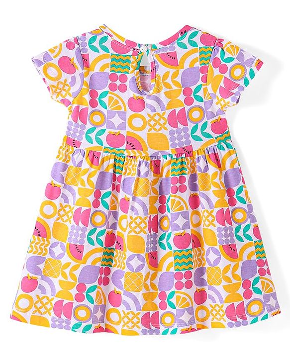 Babyhug Single Jersey Knit Half Sleeves Frock with Apple Print - White