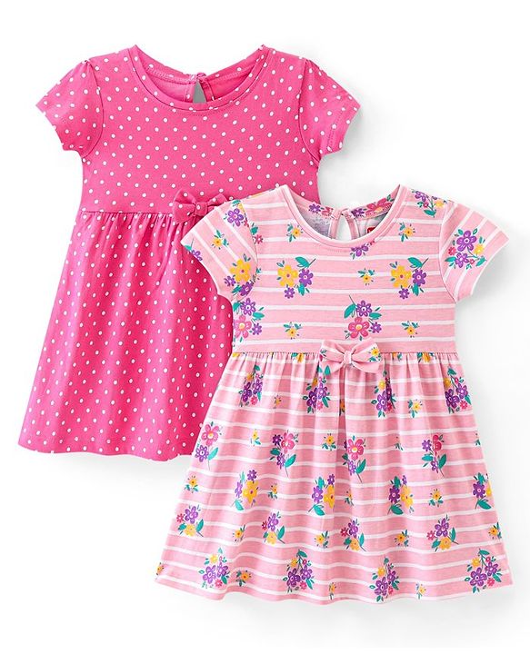 Babyhug Single Jersey Knit Half Sleeves Frock Polka Dot Print Pack of 2 - Multicolor