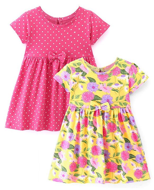 Babyhug Single Jersey Knit Half Sleeves Frocks with Floral Print Bow Applique Pack of 2 - Multicolour