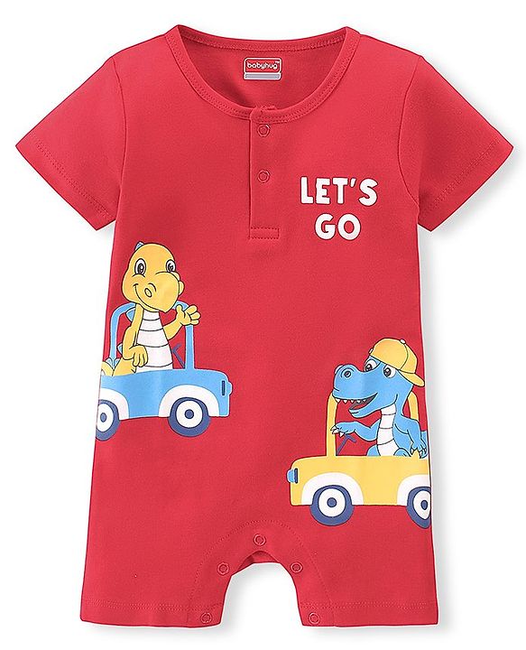 Babyhug 100% Cotton Knit Interlock Half Sleeves Romper With Dino Print - Red