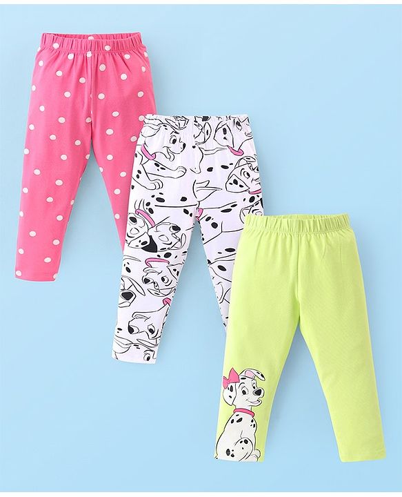 Babyhug Disney Cotton Lycra Knit Full Length Leggings With 101 Dalmatians Print Pack of 3- Multicolor