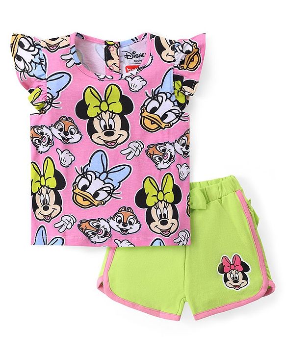 Babyhug Disney Cotton Knit Frill Sleeves T-Shirt & Shorts Set With Minnie Mouse Graphics - Pink & Green