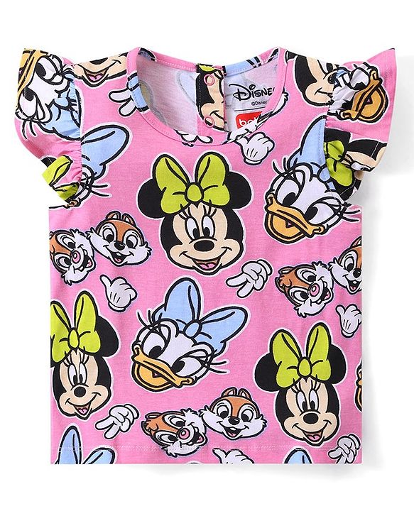 Babyhug Disney Cotton Knit Frill Sleeves T-Shirt & Shorts Set With Minnie Mouse Graphics - Pink & Green