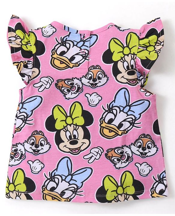 Babyhug Disney Cotton Knit Frill Sleeves T-Shirt & Shorts Set With Minnie Mouse Graphics - Pink & Green