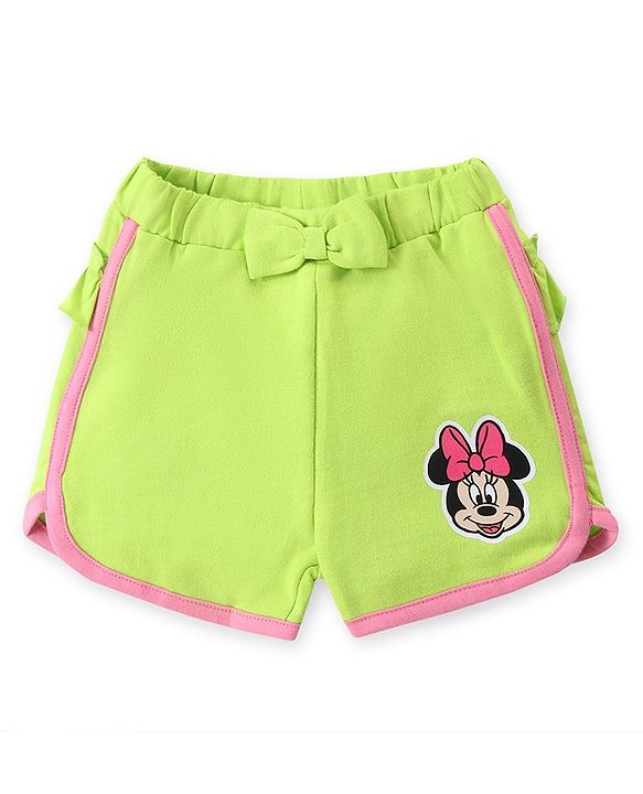 Babyhug Disney Cotton Knit Frill Sleeves T-Shirt & Shorts Set With Minnie Mouse Graphics - Pink & Green