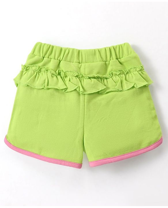 Babyhug Disney Cotton Knit Frill Sleeves T-Shirt & Shorts Set With Minnie Mouse Graphics - Pink & Green
