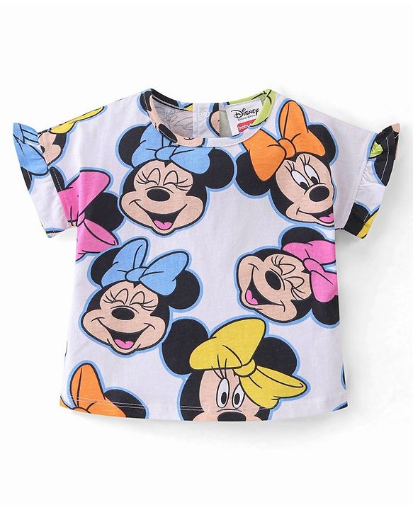 Babyhug Disney Cotton Knit Half Sleeves Frill Detailing T-Shirt Minnie Mouse Print & Shorts - White & Pink