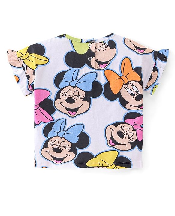 Babyhug Disney Cotton Knit Half Sleeves Frill Detailing T-Shirt Minnie Mouse Print & Shorts - White & Pink