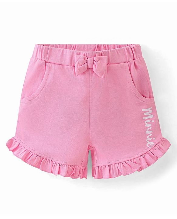 Babyhug Disney Cotton Knit Half Sleeves Frill Detailing T-Shirt Minnie Mouse Print & Shorts - White & Pink