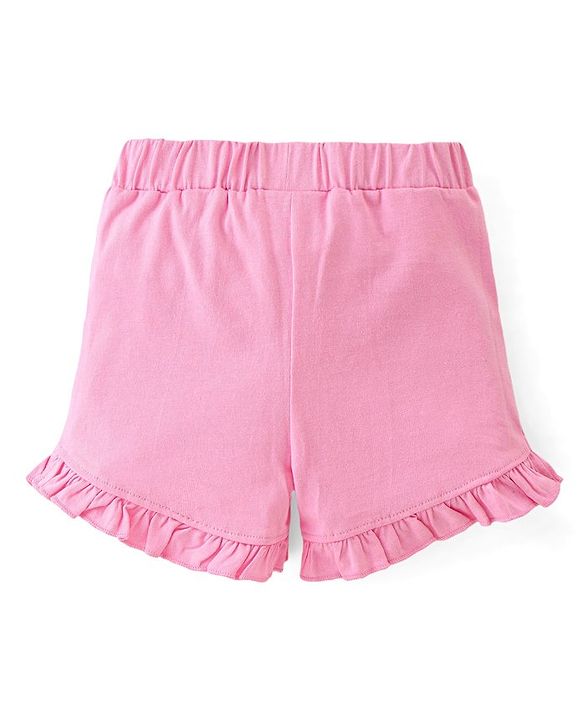 Babyhug Disney Cotton Knit Half Sleeves Frill Detailing T-Shirt Minnie Mouse Print & Shorts - White & Pink