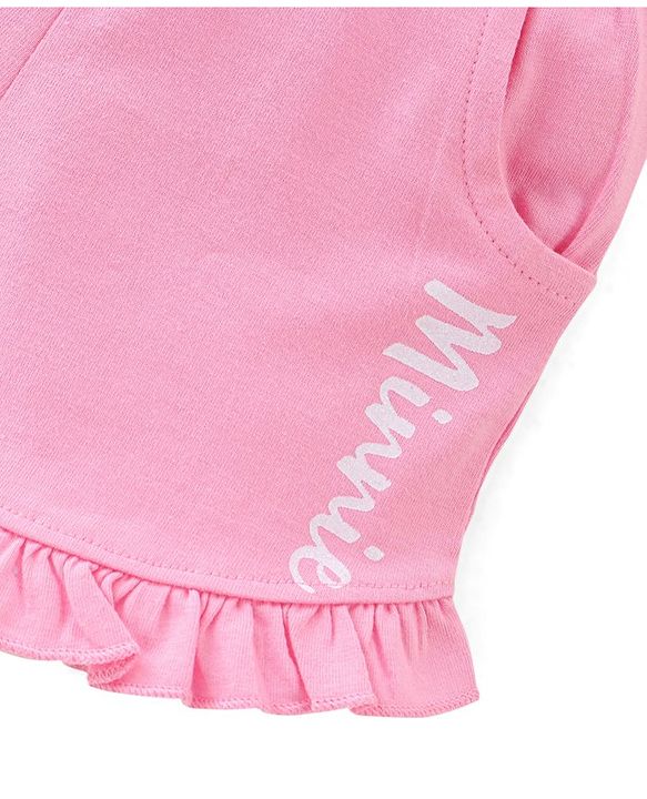 Babyhug Disney Cotton Knit Half Sleeves Frill Detailing T-Shirt Minnie Mouse Print & Shorts - White & Pink