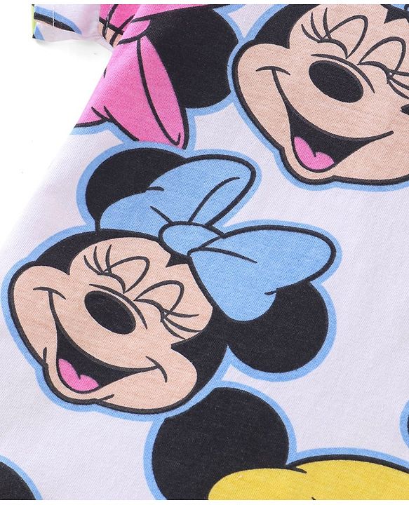 Babyhug Disney Cotton Knit Half Sleeves Frill Detailing T-Shirt Minnie Mouse Print & Shorts - White & Pink