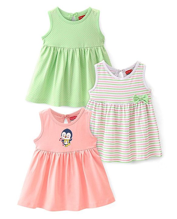 Babyhug 100% Cotton Sleeveless Fit and Flare Dress Penguin Print Pack of 3 - Multicolour