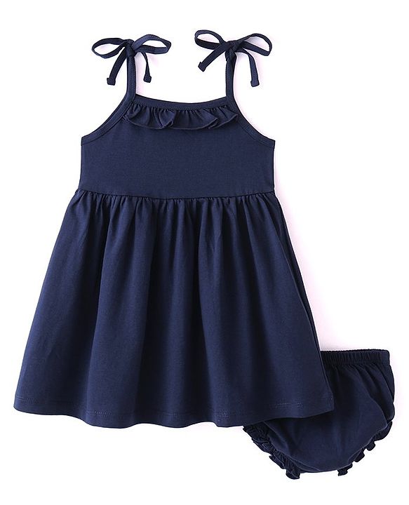 Babyhug 100% Cotton Single Jersey Knit Sleeveless Singlet Frock With Bloomer Solid Colour - Navy Blue