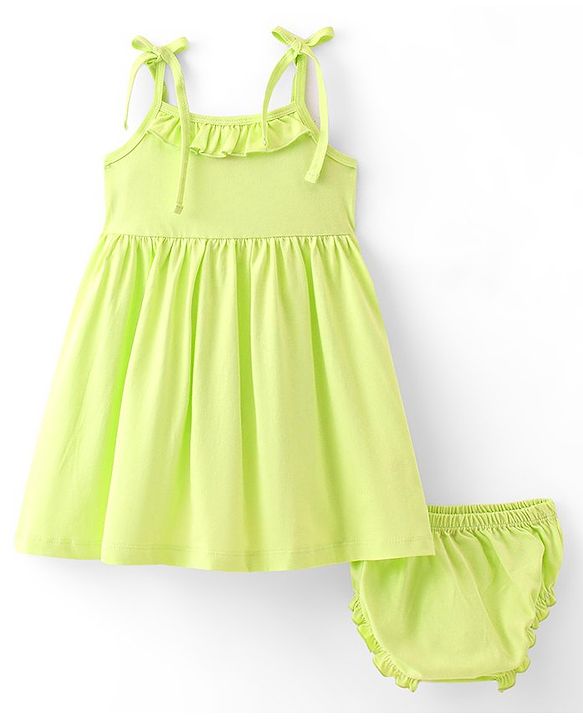 Babyhug Cotton Knit Sleeveless Solid Colour Frock with Bloomer - Lime