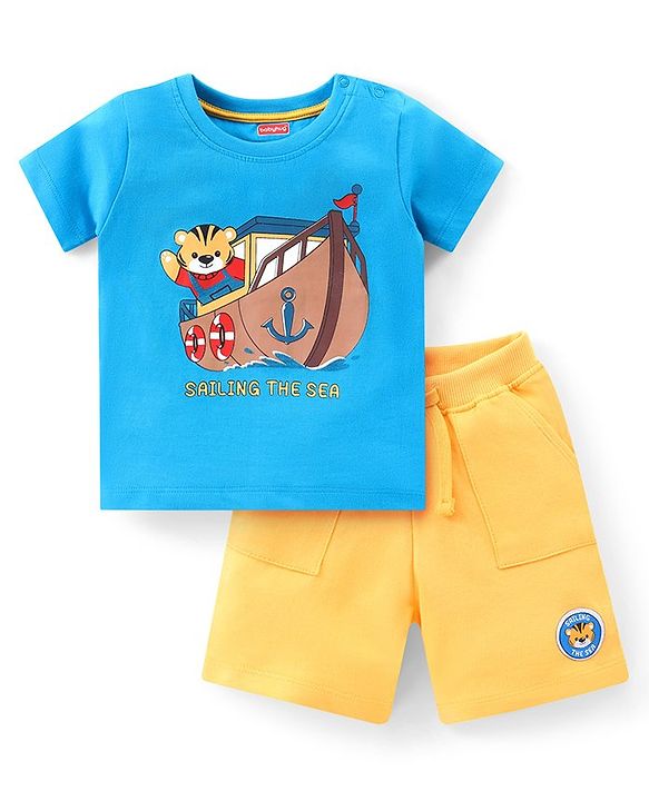 Babyhug Cotton Knit Half Sleeves Bear Printed T-Shirt & Short Set - Blue & Orange