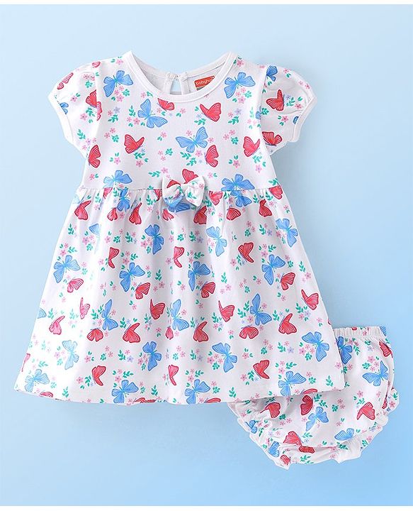 Babyhug Single Jersey Half Sleeves Frock with Bloomer Floral & Butterfly Print - White
