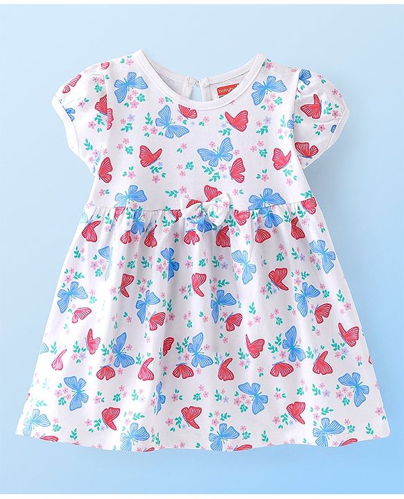 Babyhug Single Jersey Half Sleeves Frock with Bloomer Floral & Butterfly Print - White