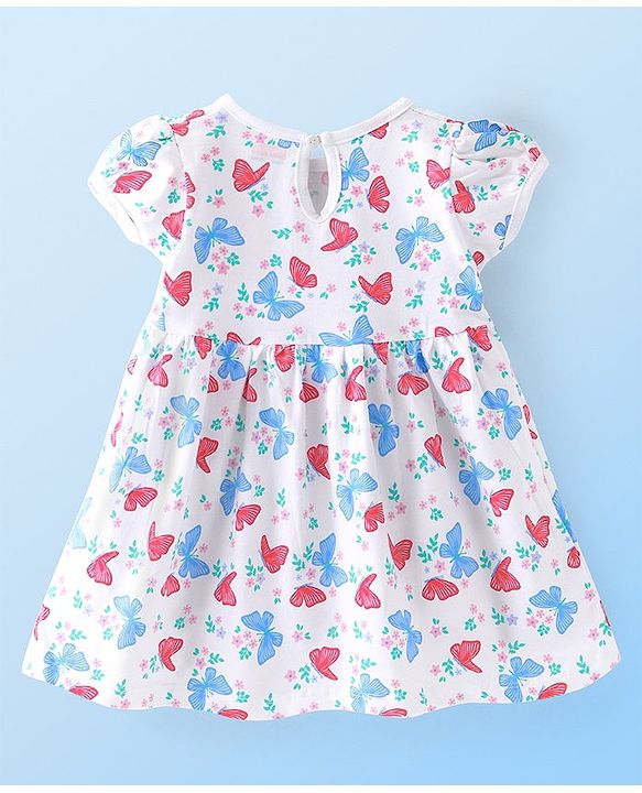 Babyhug Single Jersey Half Sleeves Frock with Bloomer Floral & Butterfly Print - White