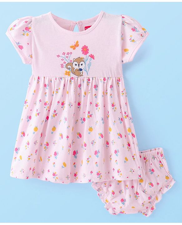 Babyhug Single Jersey Knit Half Sleeves Frock & Bloomer With Squirrel & Floral Print - Pink
