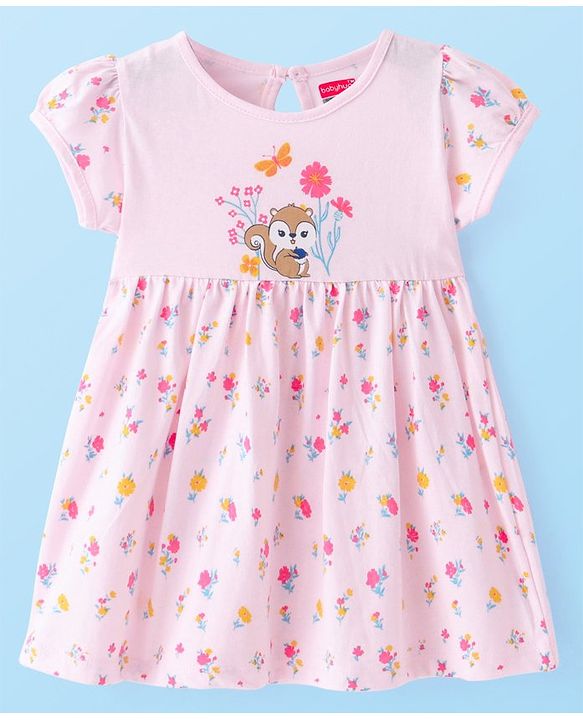Babyhug Single Jersey Knit Half Sleeves Frock & Bloomer With Squirrel & Floral Print - Pink