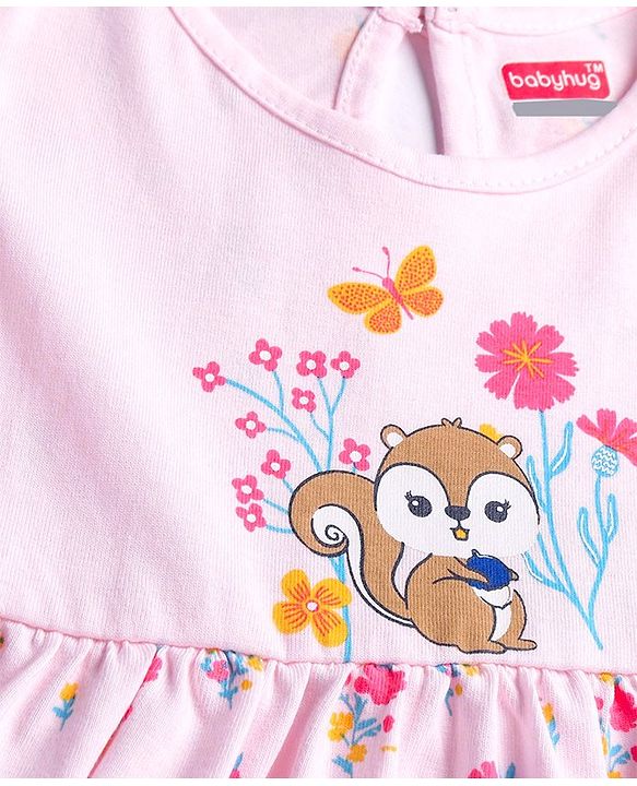 Babyhug Single Jersey Knit Half Sleeves Frock & Bloomer With Squirrel & Floral Print - Pink