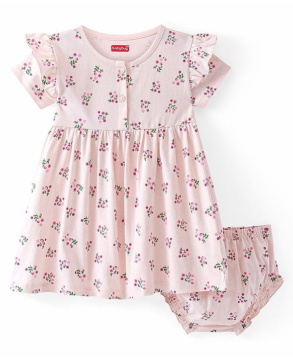 Babyhug Single Jersey Knit Half Sleeves with Frill Detailing Frock with Bloomer Floral Print - Pink